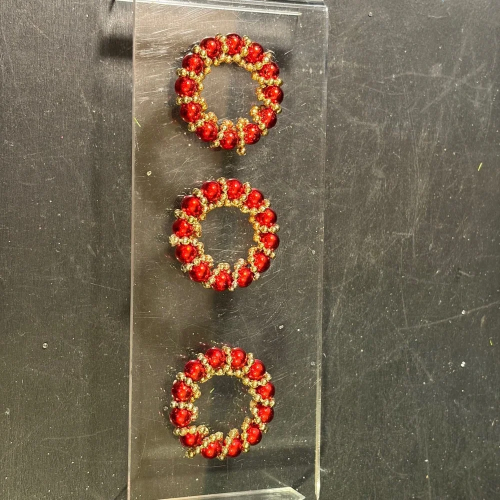 Set of 3 Beaded Christmas Wreath Ornaments Red Gold Metallic Miniature 1.5 Inch